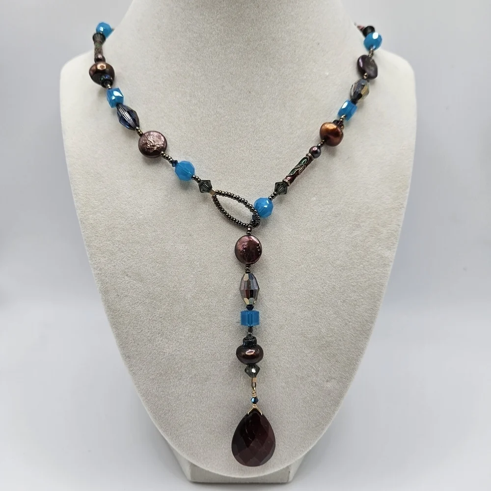 VINTAGE Blue and Brown Glass Cloisonne  Beaded Lariat Y-Drop Necklace